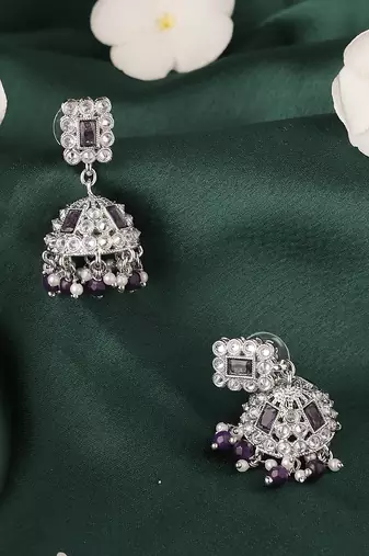 Delightful square shape silver plated purple kundan stone jhumki earring for women and girls