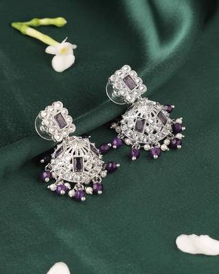 Delightful square shape silver plated purple kundan stone jhumki earring for women and girls 5