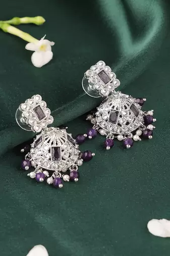 Delightful square shape silver plated purple kundan stone jhumki earring for women and girls