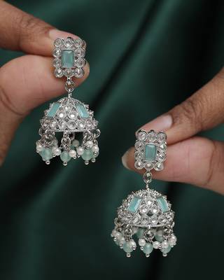 Designer square shape silver plated sky blue kundan stone jhumki earring for women and girls 1