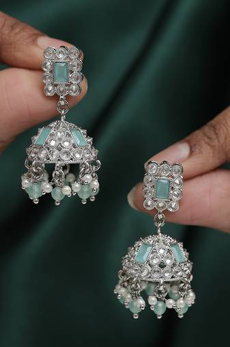 Designer square shape silver plated sky blue kundan stone jhumki earring for women and girls