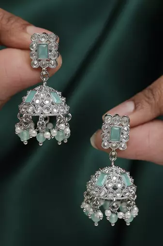 Designer square shape silver plated sky blue kundan stone jhumki earring for women and girls