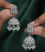 Designer square shape silver plated sky blue kundan stone jhumki earring for women and girls