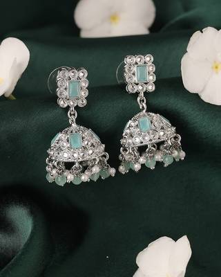 Designer square shape silver plated sky blue kundan stone jhumki earring for women and girls 2