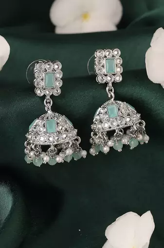 Designer square shape silver plated sky blue kundan stone jhumki earring for women and girls