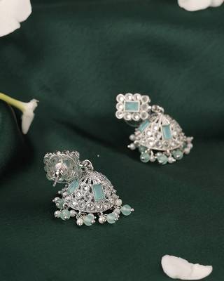 Designer square shape silver plated sky blue kundan stone jhumki earring for women and girls 3