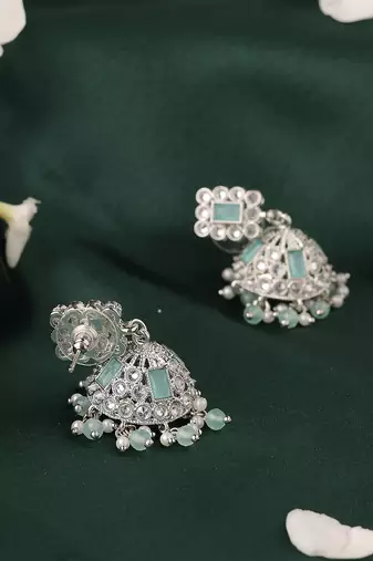 Designer square shape silver plated sky blue kundan stone jhumki earring for women and girls
