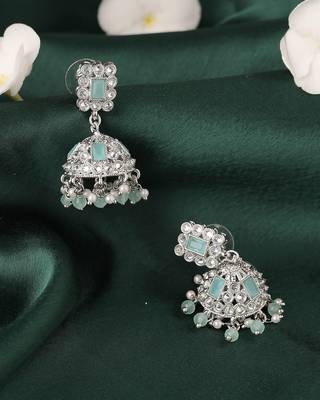 Designer square shape silver plated sky blue kundan stone jhumki earring for women and girls 4