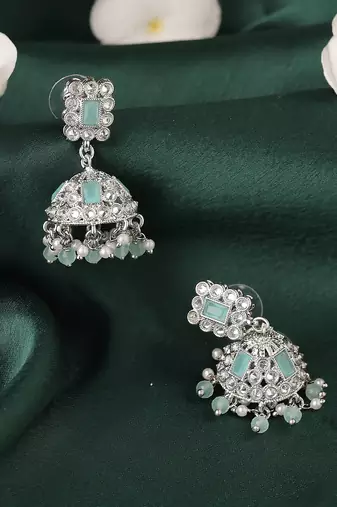 Designer square shape silver plated sky blue kundan stone jhumki earring for women and girls