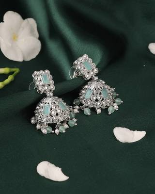 Designer square shape silver plated sky blue kundan stone jhumki earring for women and girls 5