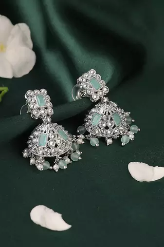 Designer square shape silver plated sky blue kundan stone jhumki earring for women and girls