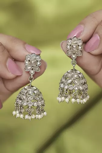 Round and pear shape silver plated pearl brown kundan stone jhumki earring for women and girls
