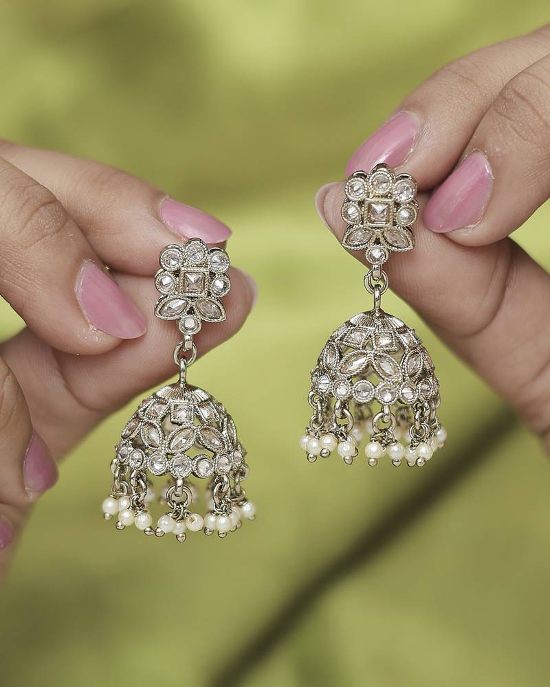 Round and pear shape silver plated pearl brown kundan stone jhumki earring for women and girls