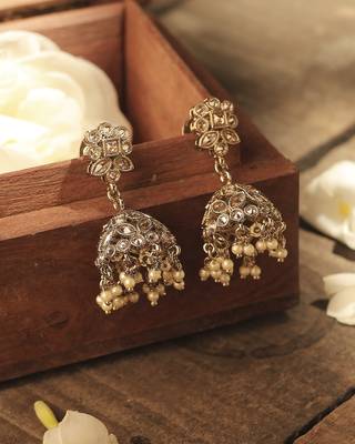 Round and pear shape silver plated pearl brown kundan stone jhumki earring for women and girls 2