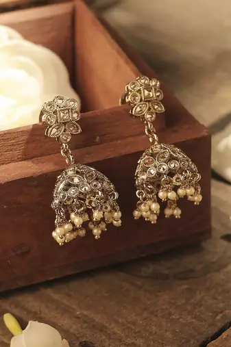 Round and pear shape silver plated pearl brown kundan stone jhumki earring for women and girls