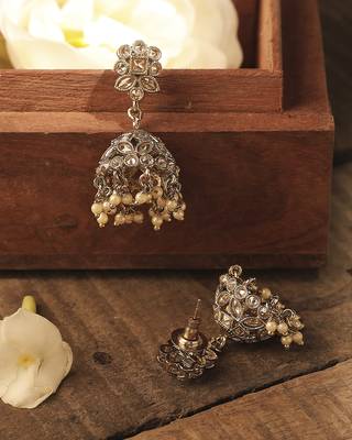 Round and pear shape silver plated pearl brown kundan stone jhumki earring for women and girls 3