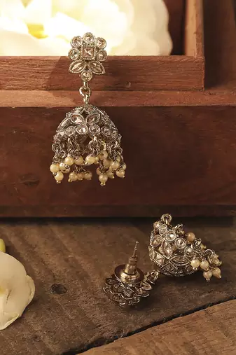 Round and pear shape silver plated pearl brown kundan stone jhumki earring for women and girls
