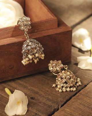 Round and pear shape silver plated pearl brown kundan stone jhumki earring for women and girls 4