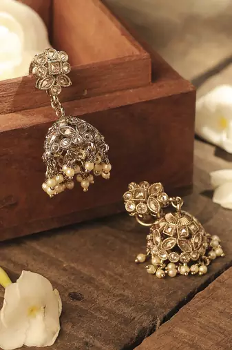 Round and pear shape silver plated pearl brown kundan stone jhumki earring for women and girls
