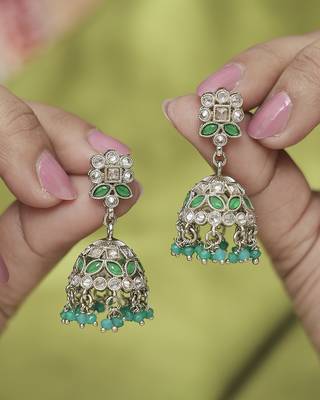 Round and pear shape silver plated pearl green kundan stone jhumki earring for women and girls 1