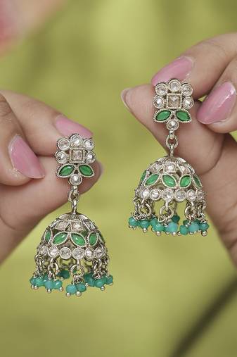 Round and pear shape silver plated pearl green kundan stone jhumki earring for women and girls