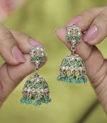 Round and pear shape silver plated pearl green kundan stone jhumki earring for women and girls