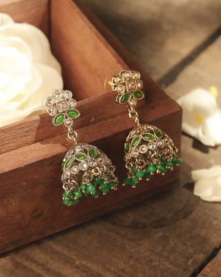 Round and pear shape silver plated pearl green kundan stone jhumki earring for women and girls 2