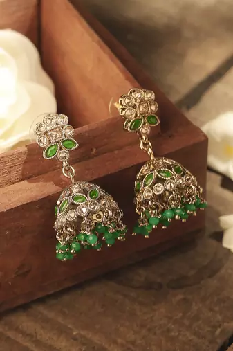 Round and pear shape silver plated pearl green kundan stone jhumki earring for women and girls