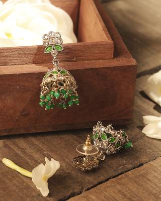 Round and pear shape silver plated pearl green kundan stone jhumki earring for women and girls 3