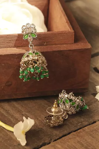 Round and pear shape silver plated pearl green kundan stone jhumki earring for women and girls