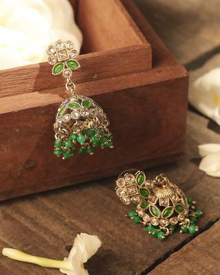 Round and pear shape silver plated pearl green kundan stone jhumki earring for women and girls 4