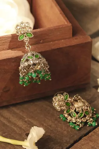 Round and pear shape silver plated pearl green kundan stone jhumki earring for women and girls