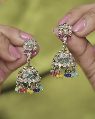 Round & pear shape silver plated pearl multi kundan stone jhumki earring for women & girls 1