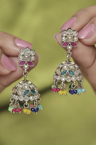 Round & pear shape silver plated pearl multi kundan stone jhumki earring for women & girls