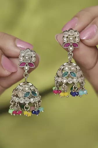 Round & pear shape silver plated pearl multi kundan stone jhumki earring for women & girls