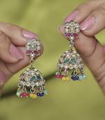 Round & pear shape silver plated pearl multi kundan stone jhumki earring for women & girls