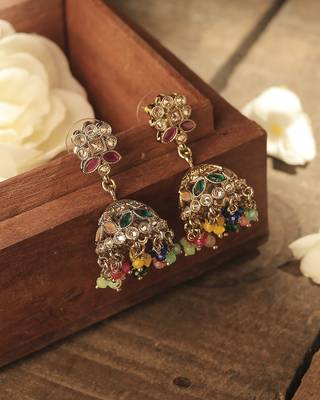 Round & pear shape silver plated pearl multi kundan stone jhumki earring for women & girls 2