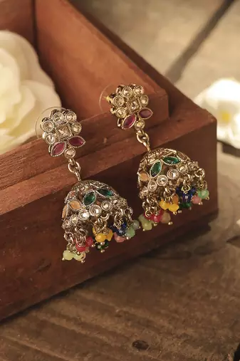 Round & pear shape silver plated pearl multi kundan stone jhumki earring for women & girls