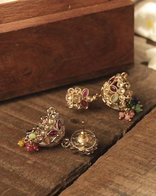 Round & pear shape silver plated pearl multi kundan stone jhumki earring for women & girls 3