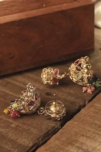 Round & pear shape silver plated pearl multi kundan stone jhumki earring for women & girls