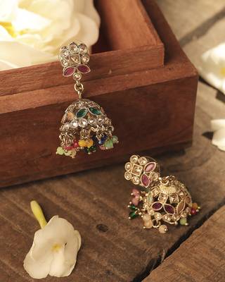 Round & pear shape silver plated pearl multi kundan stone jhumki earring for women & girls 4