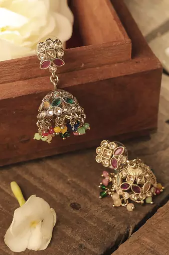 Round & pear shape silver plated pearl multi kundan stone jhumki earring for women & girls