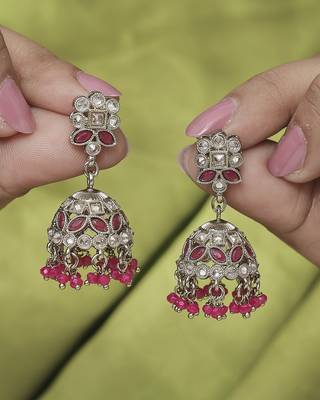 Round and pear shape silver plated pearl ruby kundan stone jhumki earring for women and girls 1