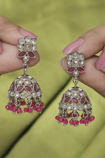 Round and pear shape silver plated pearl ruby kundan stone jhumki earring for women and girls