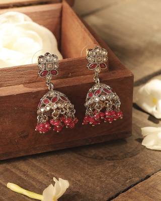 Round and pear shape silver plated pearl ruby kundan stone jhumki earring for women and girls 2