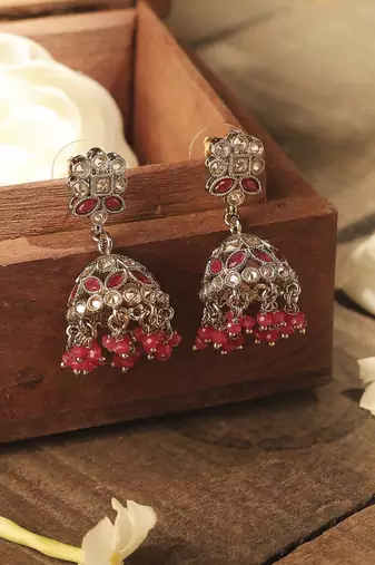 Round and pear shape silver plated pearl ruby kundan stone jhumki earring for women and girls
