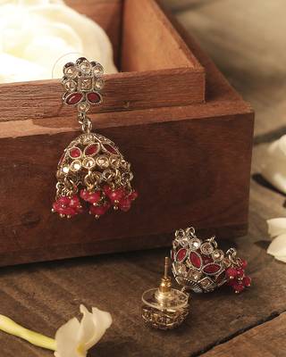 Round and pear shape silver plated pearl ruby kundan stone jhumki earring for women and girls 3