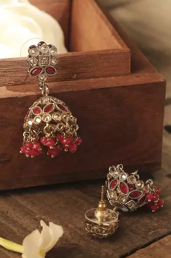 Round and pear shape silver plated pearl ruby kundan stone jhumki earring for women and girls
