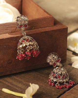 Round and pear shape silver plated pearl ruby kundan stone jhumki earring for women and girls 4