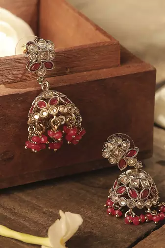 Round and pear shape silver plated pearl ruby kundan stone jhumki earring for women and girls